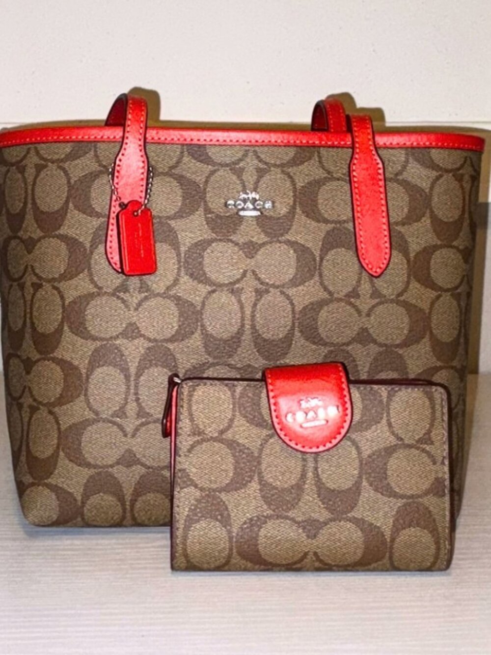 Coach Mini City Tote Khaki/Miami Red + Medium Corner Zip Wallet